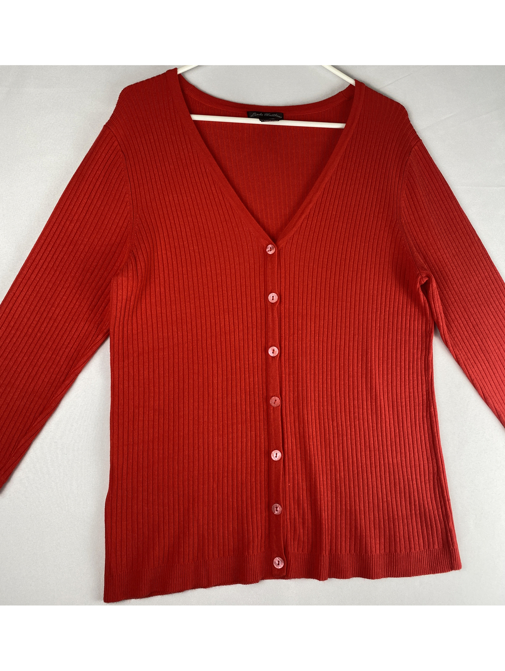 linda matthews Red Cardigan, XL 3/4 sleeve, v neck, ribbed texture